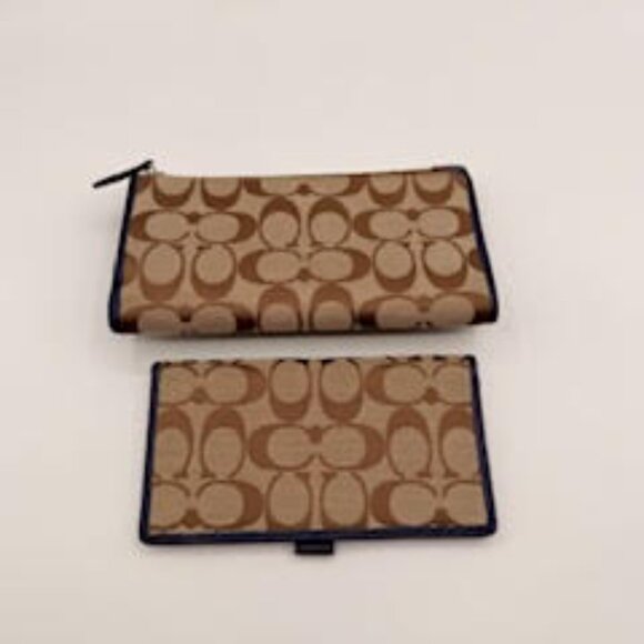 Coach Signature Canvas Wallet Set Violet Trim Turnlock Flap+Slim Checkbook - Picture 5 of 7